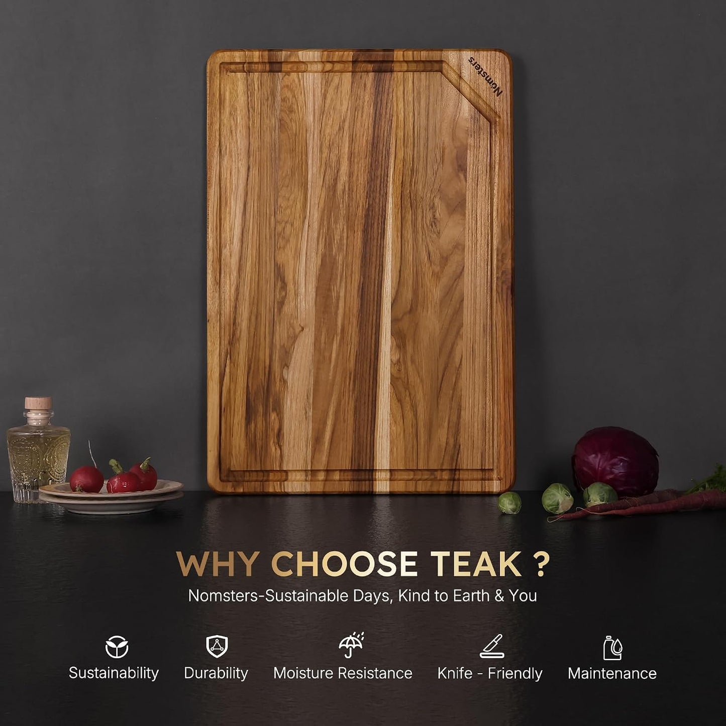 3 Pack Teak Wood Cutting Board Set with Holder Non Slip Over Sink Wooden Chopping Board for Fresh Meat Vegetable Thick Haus Perfect for Charcuterie Juice Groove Kitchen Accessories - FSC Certified