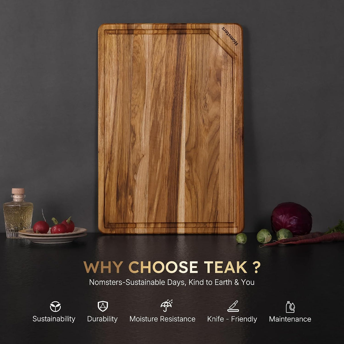 3 Pack Teak Wood Cutting Board Set with Holder Non Slip Over Sink Wooden Chopping Board for Fresh Meat Vegetable Thick Haus Perfect for Charcuterie Juice Groove Kitchen Accessories - FSC Certified
