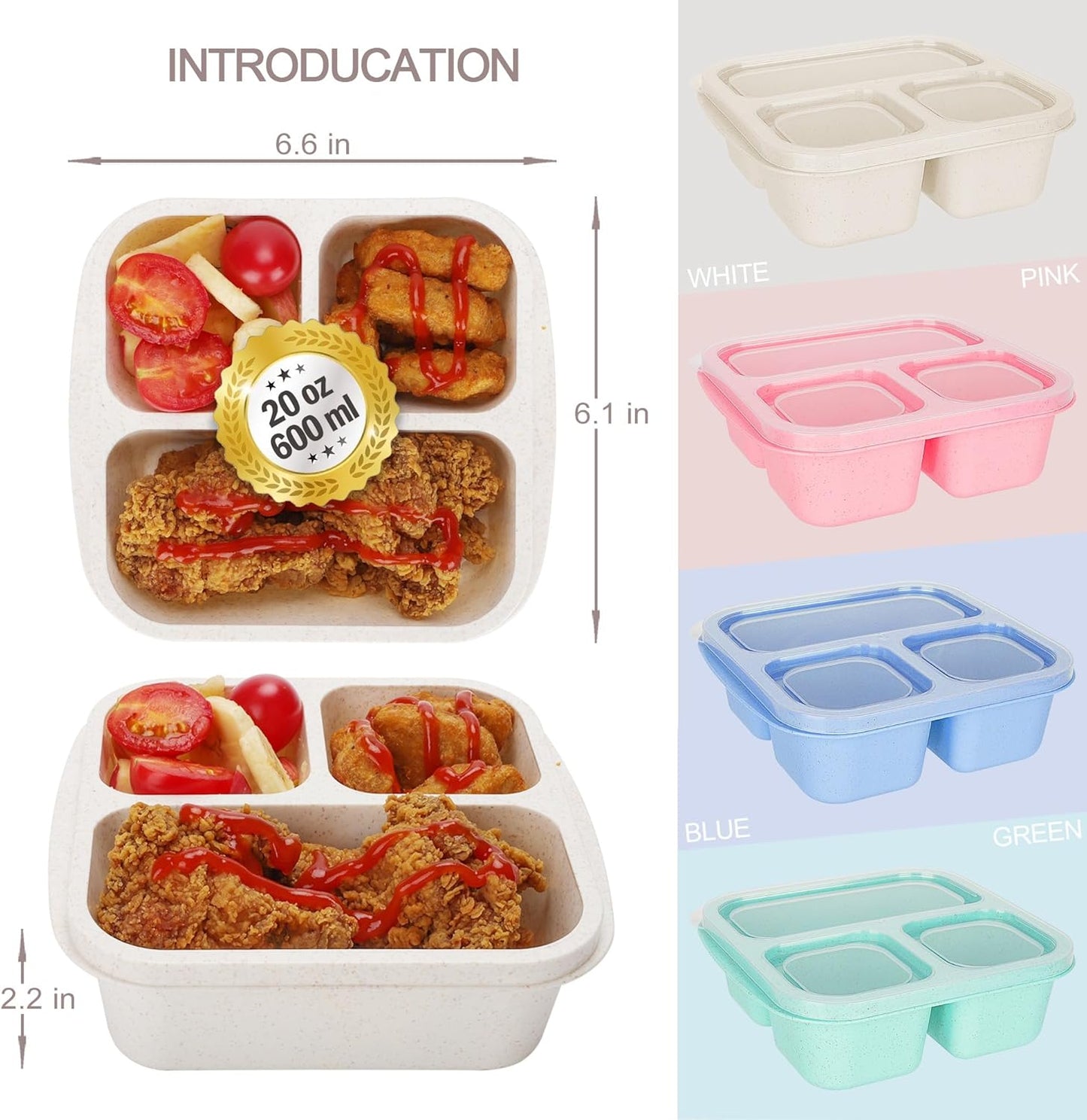 Bento Box For Kids, 4 Pack 3 Compartments Lunchable Meal Prep Containers Lunch Containers, Reusable Snack Containers with Lids, Snack Boxes for School, Work, and Travel