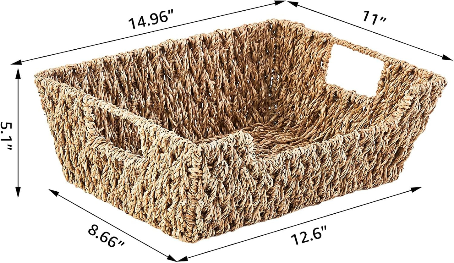 LGEHOOM Seagrass Wicker Storage Baskets Open-Front Pantry Baskets With Handles Handwoven Rattan Shelf Baskets for Organizer and Storage, 2 Pack