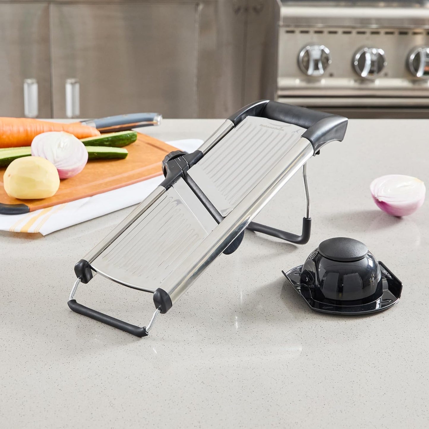Restaurantware Stainless Steel Adjustable Mandoline Slicer - German Standard Vegetable Slicer with Blade Guard, Includes Cut-Resistant Gloves - Food Slicer for Potato, Onions, Cucumbers, Tomato