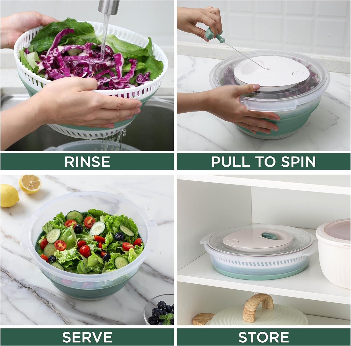 COOK WITH COLOR Collapsible Salad Spinner - 4 QT Space Saving Lettuce Dryer with Folding Collapsible Colander Great for Washing and Drying Fruit and Vegetables (Grey)