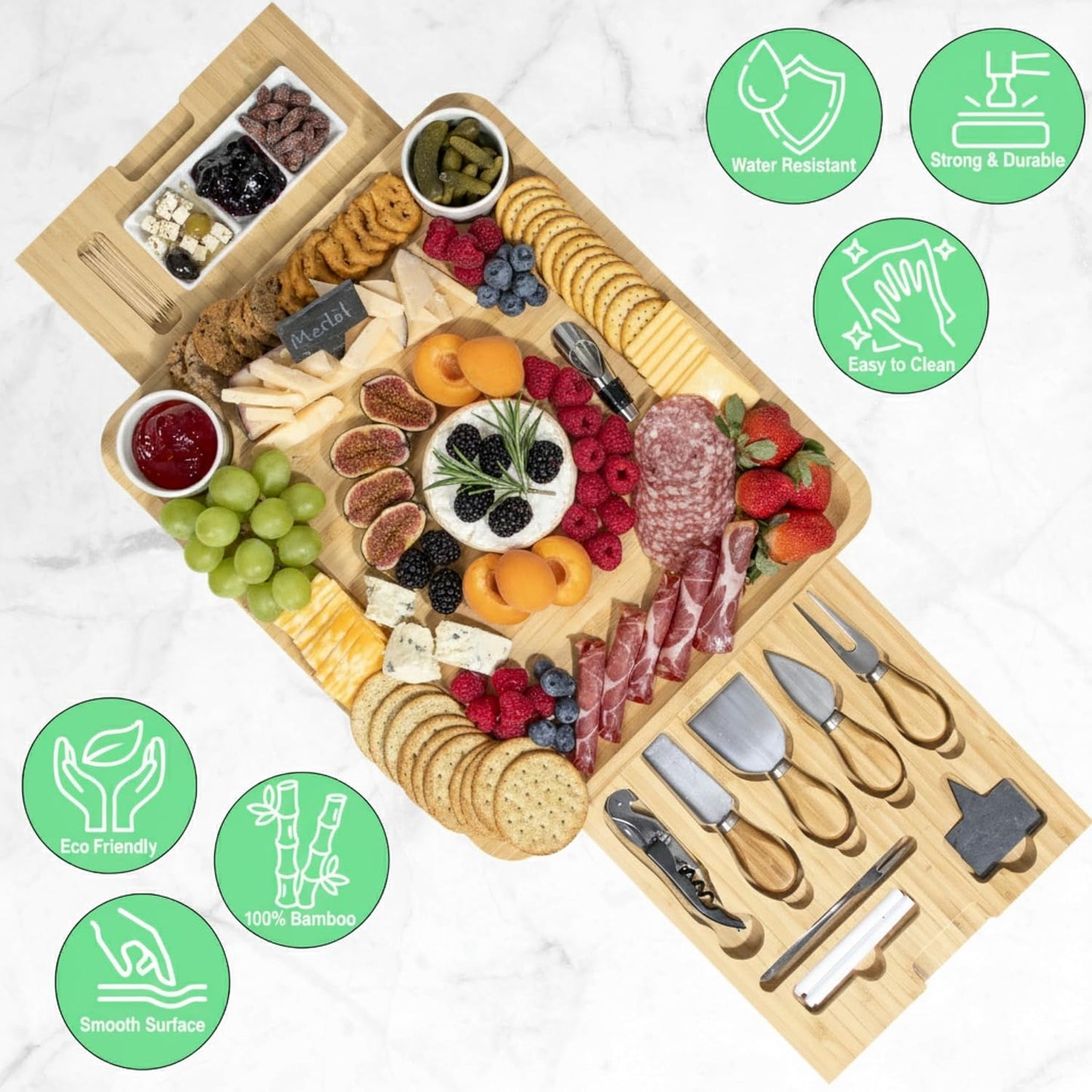 Personalized Charcuterie Board Gift Set, Custom Engraved Large Bamboo Cheese Board with Double-Sided Design, Knife Drawer, Ceramic Bowls & Cheese Knives, Wedding, Anniversary & Housewarming Gift