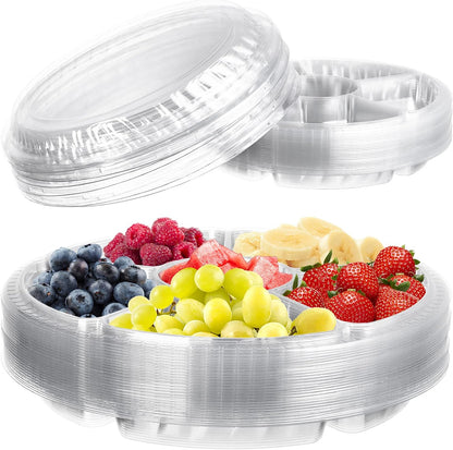 Lawei 30 Pack Plastic Appetizer Tray with Clear Lid, Stackable Round Serving Party Tray, 12 In Banquet Catering Fruit Vegetable Trays, Reusable 6 Divided Food Snack Dip Platter for Outdoor Buffet