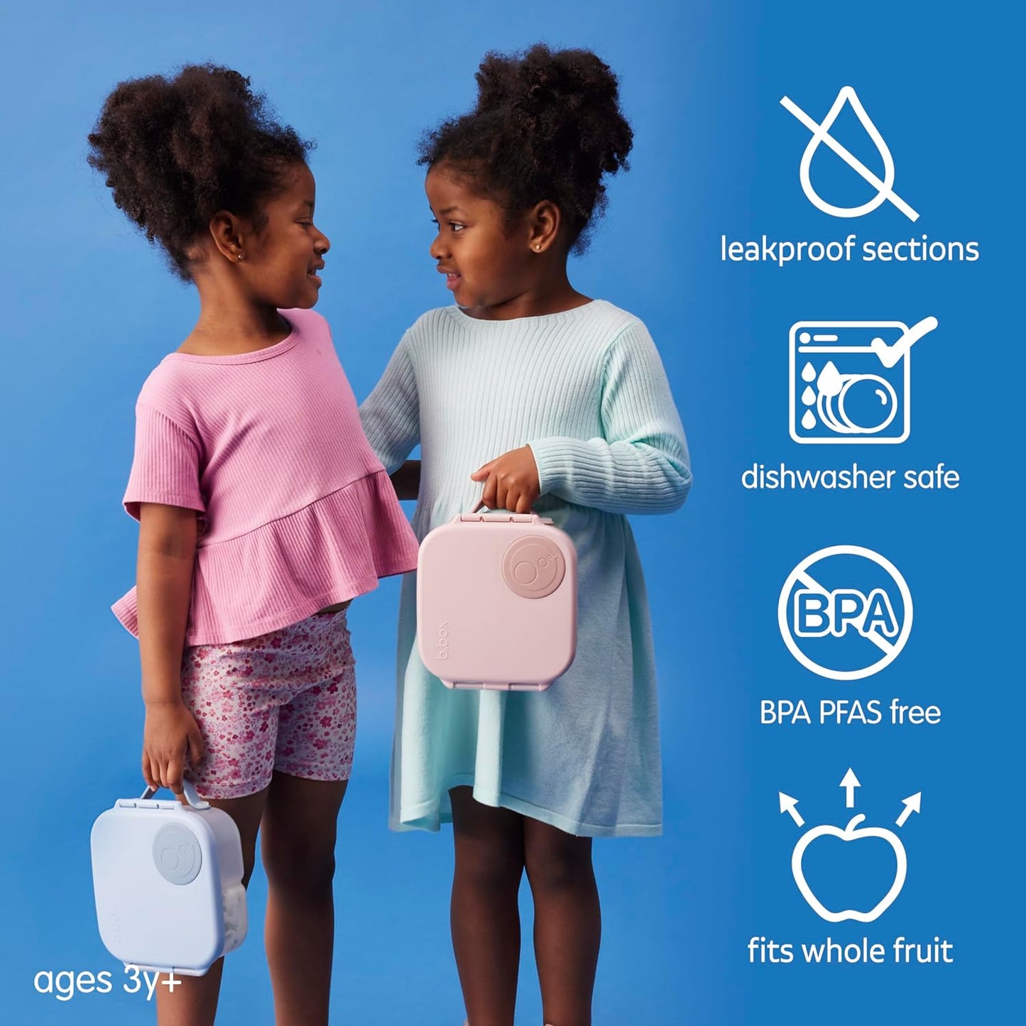 b.box Mini Lunch Box 2-Pack, Leak Proof Bento Box for Kids, 3 Compartment Snack Containers Ages 3+, Lunchbox for Daycare + School, Dishwasher Safe, BPA-Free, PFAS-Free, 4.25 Cup - Blue + Green