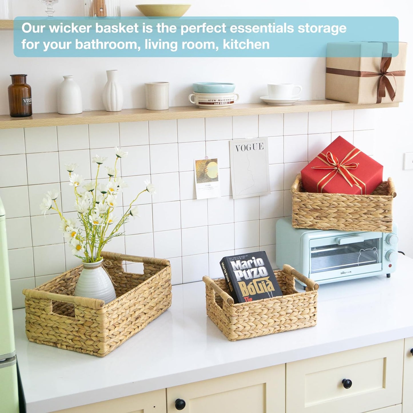 VATIMA Water Hyacinth Storage Baskets with Large Open-Front for Kitchen, Decorative for Living Room, 13.4” x 9.5” x 5.5”, 2 Pack