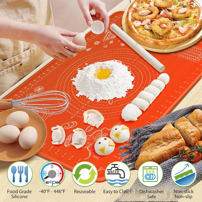 Silicone Baking Mat 28" x 20" Extra Thickness Dough Rolling Mat with Measurements and Edge Heightening, Non-stick Food Grade Silicone Pastry Mat for Pastry, Bread, Cookies, Pizza, Fondant, Pasta-Black