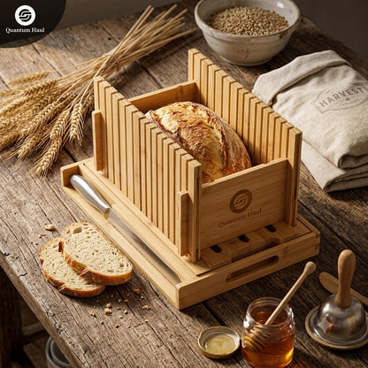 [UPGRADED] Bamboo Bread Slicer with High-Grade Stainless Steel Knife – Adjustable Wooden Bread Cutter Guide with Crumb Tray, Brush & Pouch | Manual Bread Slicer for Homemade Bread, Sourdough, Cakes