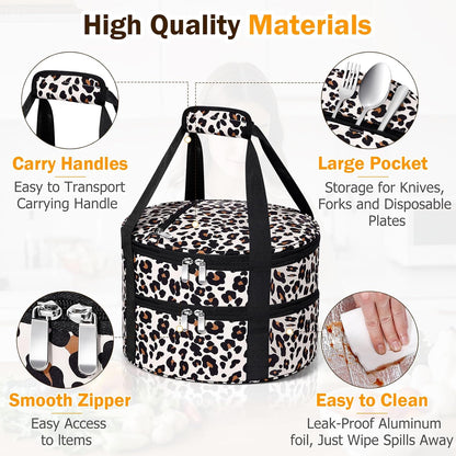 Round Insulated Casserole Carrier – 12" Portable Pie Carrier Bag for Hot or Cold Food, Leakproof Thermal Lunch Tote with Handle for Parties Picnic & Travel - Grey