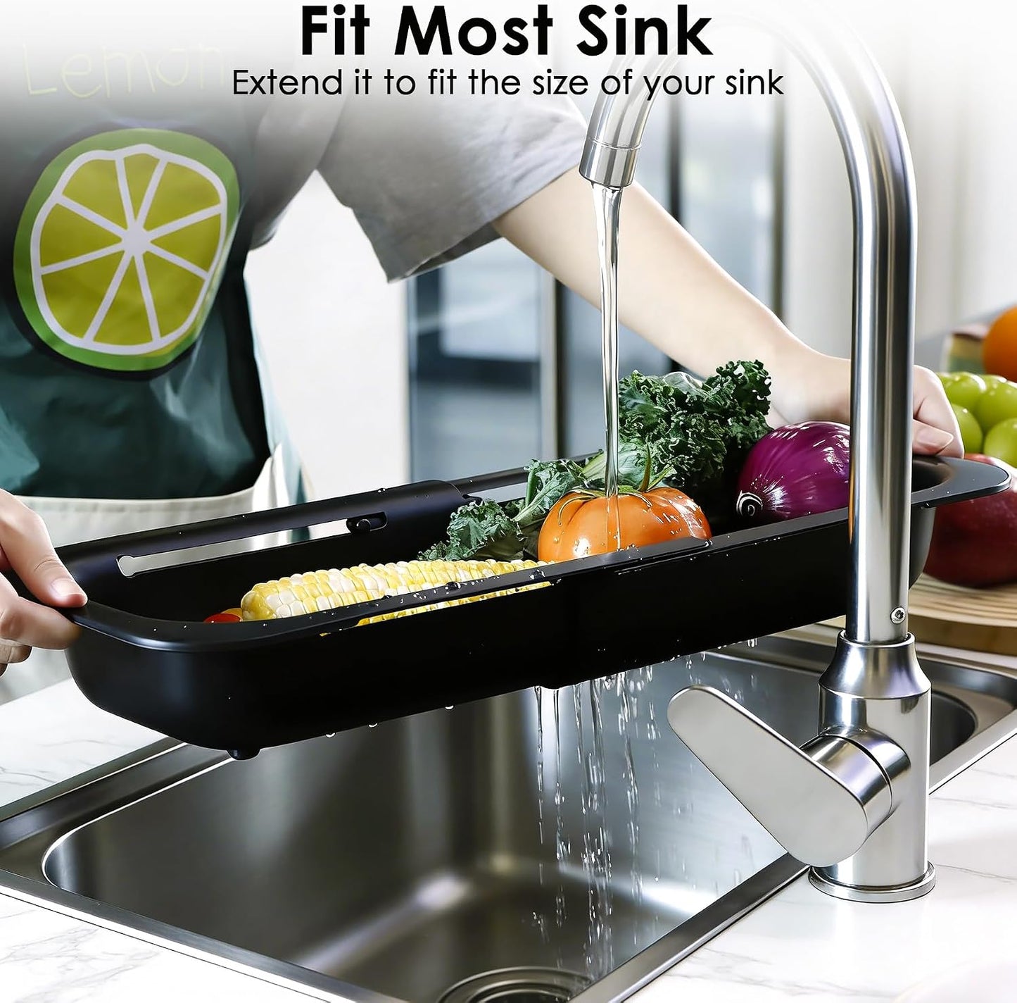 Extendable Colander Strainer Basket, Over the Sink Colander and Strainer for Kitchen, Wash Vegetables and Fruits, Drain Pasta and Dry Dishes, Adjustable Colander from 13.5In to 18.7In, Gray