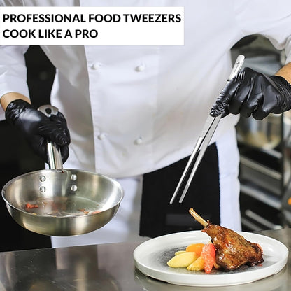 12-Inch Stainless Steel Kitchen Tweezers – Precision Serrated BBQ Tongs for Cooking, Grilling, Plating & Food Handling, Long Professional Chef Tweezer Tool