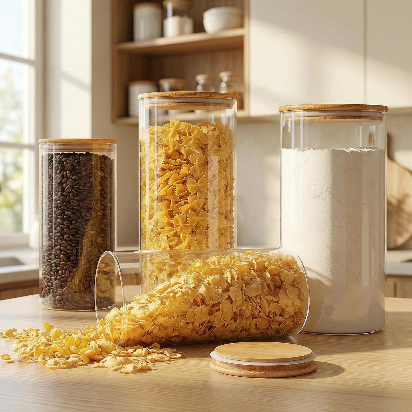 32oz - 4 Pack Glass Jars with Bamboo Lids, Glass Pantry Storage Containers with Airtight Lids, Round Air Tigh Food Storage Canisters for Cereal, Pasta, Flour, Sugar, Rice, Best for Kitchen Organizer