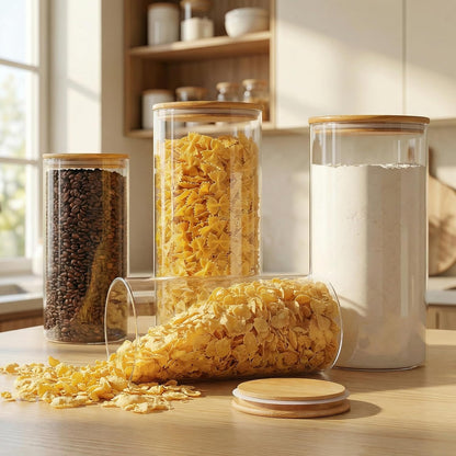 32oz - 4 Pack Glass Jars with Bamboo Lids, Glass Pantry Storage Containers with Airtight Lids, Round Air Tigh Food Storage Canisters for Cereal, Pasta, Flour, Sugar, Rice, Best for Kitchen Organizer