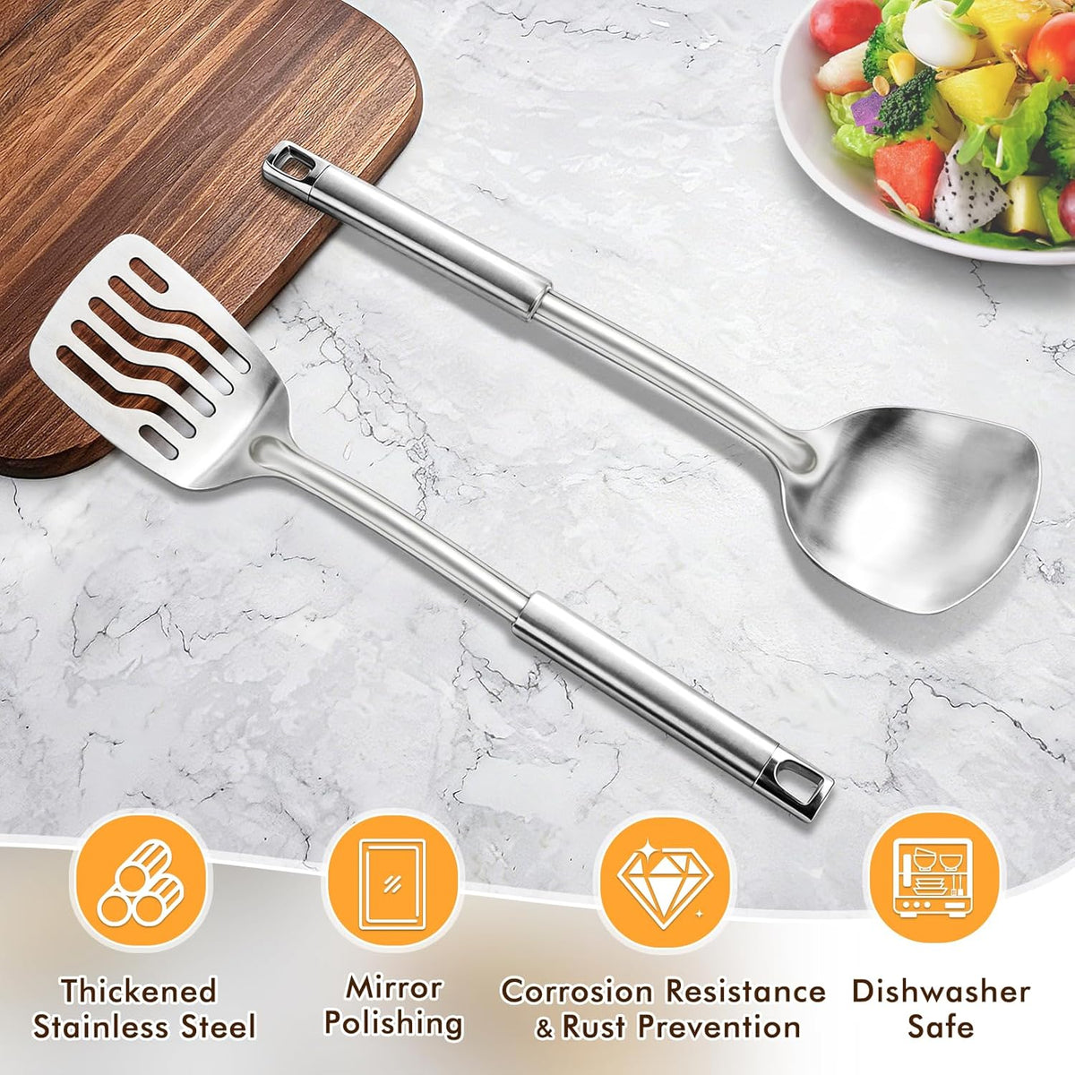 2 Pcs Stainless Steel Spatulas Set, Metal Spatula Solid & Slotted Turner, Heavy Duty Sturdy Spatula for Kitchen Use, High Heat Resistant Cooking Utensils for Fish Eggs Pancakes, Easy to Clean, Silver