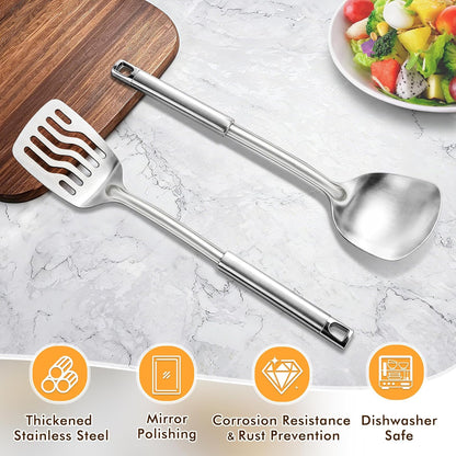 2 Pcs Stainless Steel Spatulas Set, Metal Spatula Solid & Slotted Turner, Heavy Duty Sturdy Spatula for Kitchen Use, High Heat Resistant Cooking Utensils for Fish Eggs Pancakes, Easy to Clean, Silver
