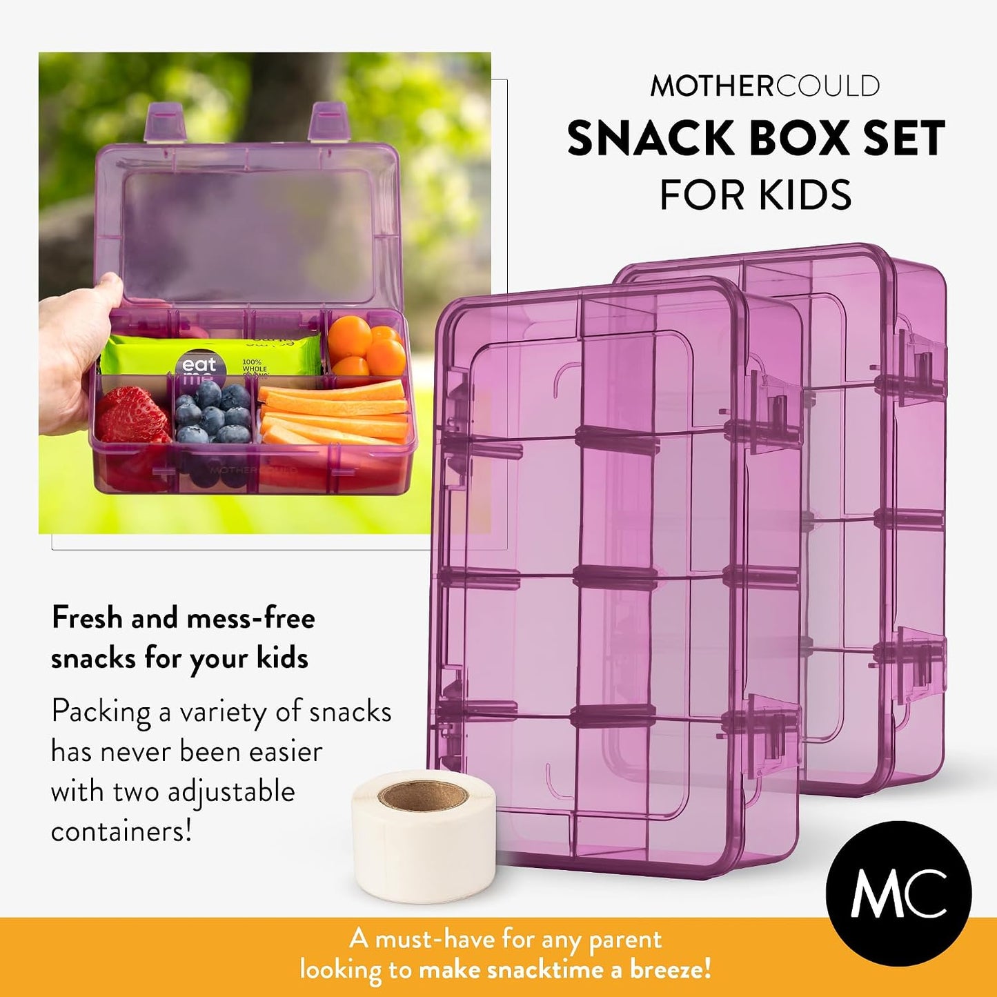 Large Kids Snack Box Containers Set of 2 -100 Labels, BPA-Free, Adjustable Compartments, Dishwasher Safe, Reusable Tray, Food Grade, Meal Prep Container, PARENT TESTED PARENT APPROVED AWARD (Clear)