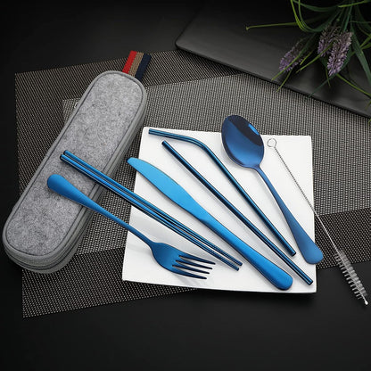 DEVICO Camping Utensils, 8-Piece Full-Size Reusable Silverware for Lunch Adult, Stainless Steel Portable Fork Spoon Knife Set for Work, Travel Cutlery Set with Case and Chopsticks Straws (Rainbow)