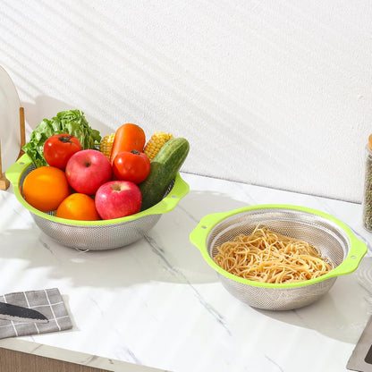 Colander Stainless Steel Microporous, 5QT Large Capacity Rice Washer with Mixing Bowl, 12.5’’Rice Strainer Bowl Set with Handle, Food-Grade Strainers and Colanders for Washing Rice, Pasta