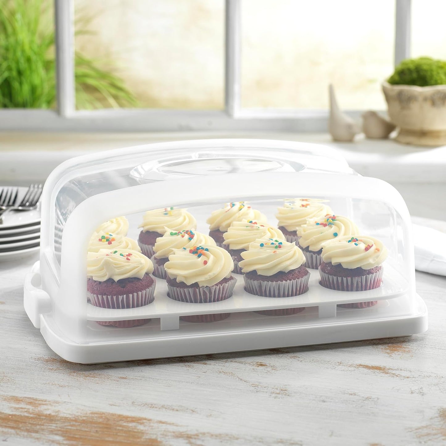 EXTRA TALL DOME 24 Cupcake Carrier, Green Cupcake Holder Carries 24 Cupcake Storage Container, Muffin Traveler Two Tier Stand Reusable Cupcake Box