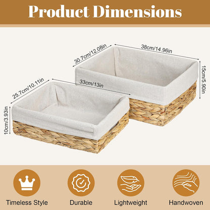 Set of 2 Hyacinth Woven Baskets, Lined Rect Pantry Shelf Storage Organizer | Durable, Long-lasting use, Removable & Washable Liner, Multi-Size Set for Versatile Storage,Two Rectangular Baskets