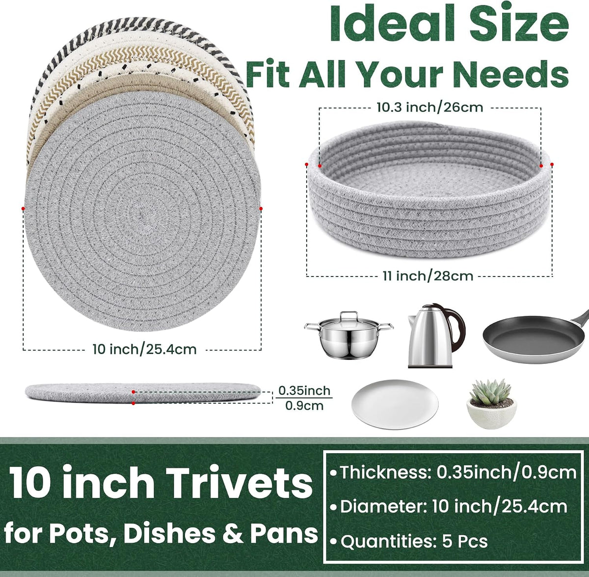 10 Inch Trivets for Hot Dishes, Hot Pots and Pans, 5 Pcs
