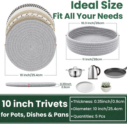 10 Inch Trivets for Hot Dishes, Hot Pots and Pans, 5 Pcs