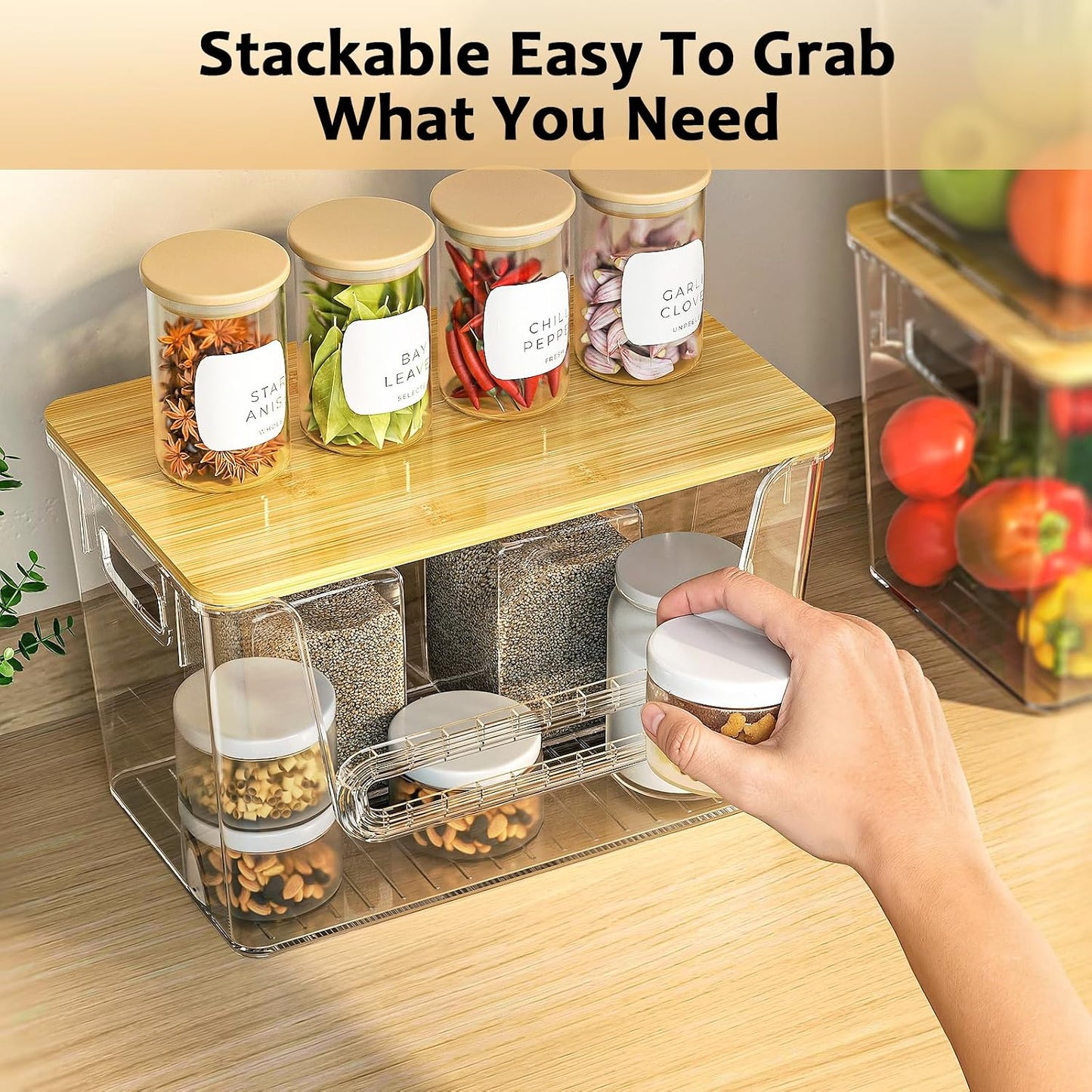 Delamu 2 Set Pantry Organizers and Storage, Trash Bag Holder Under Sink Organizer for 4-13 Gal Bags, Trash Bag Dispenser with Bamboo Top for Onion, Potato, Garlic, Clear (11-7/32"L*7" W*7-1/8"H)