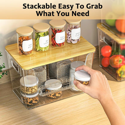 Delamu 2 Set Pantry Organizers and Storage, Trash Bag Holder Under Sink Organizer for 4-13 Gal Bags, Trash Bag Dispenser with Bamboo Top for Onion, Potato, Garlic, Clear (11-7/32"L*7" W*7-1/8"H)