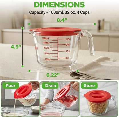 NutriChef 1,2 and 4 Cups Glass Measuring Cup Set with Lids (8, 17 and 34 oz) - Heat-Resistant Borosilicate Liquid Measure Cups with Easy-Read Scale for Cooking, Baking & Food Storage, Dishwasher Safe