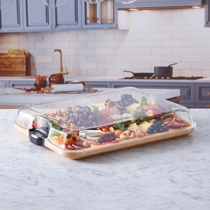Farberware Build-A-Board Bamboo Cutting Board with Built-In Compartments & Clear Locking Lid, Black Handles, Charcuterie, Snack Tray, Food Prep and Serving Platter