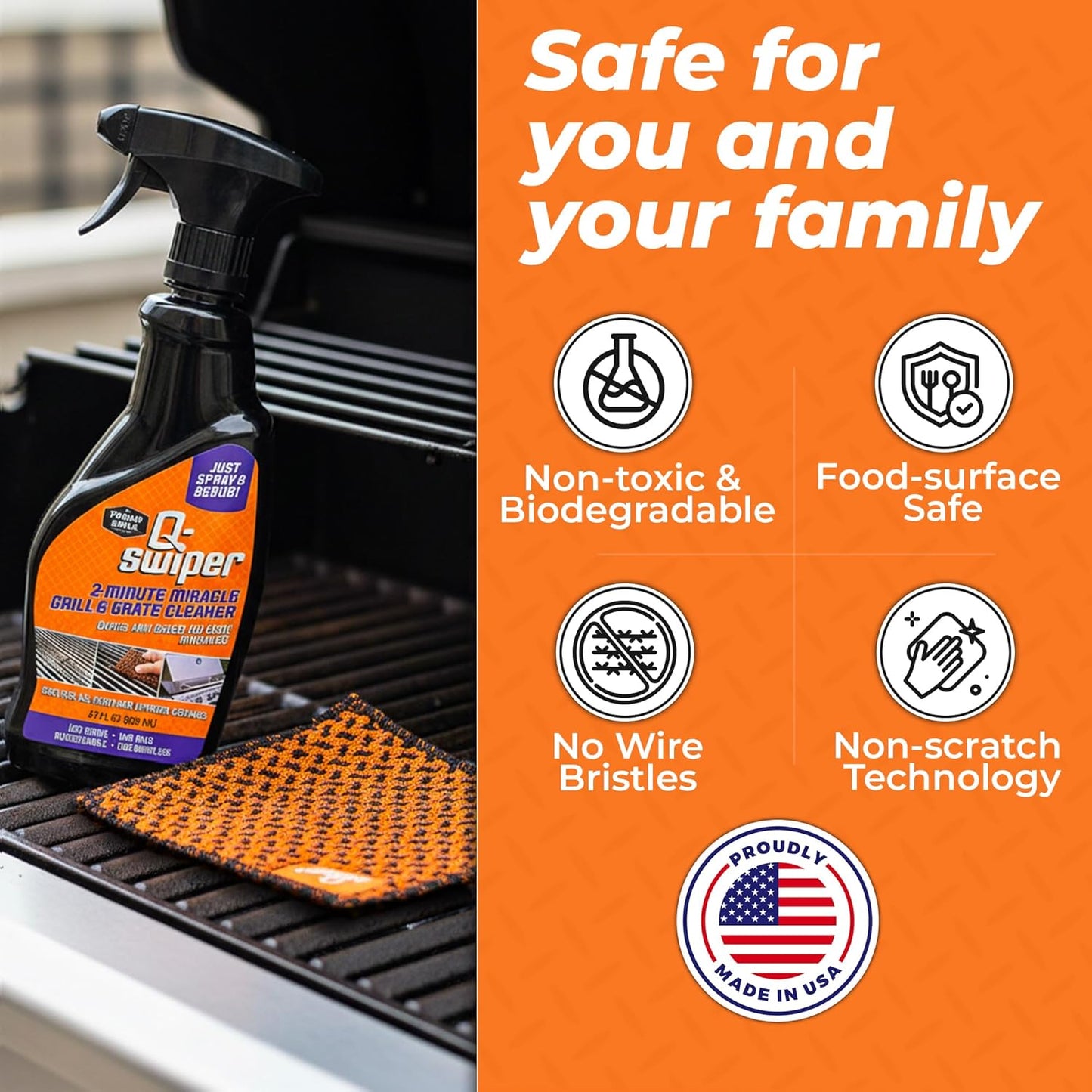 Proud Grill Company Q-Swiper 2-Minute Miracle Grill & Grate Cleaner with Scrub Clean Cloth - Father Day Gifts, Degreaser Spray for BBQ, Oven, Stove, Kitchen Tops & Surfaces, Grate & Grease Remover