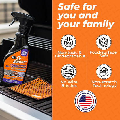 Proud Grill Company Q-Swiper 2-Minute Miracle Grill & Grate Cleaner with Scrub Clean Cloth - Father Day Gifts, Degreaser Spray for BBQ, Oven, Stove, Kitchen Tops & Surfaces, Grate & Grease Remover