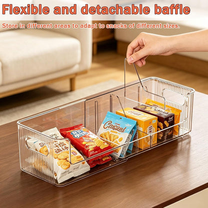 Clear Expandable Snack Organizer for Countertop,Adjustable Pantry Storage Bin with Removable Dividers,Large 6 Compartment Snack Container for Candy,Coffee Pods, Tea Bags,Drink Packets,Kitchen Counter