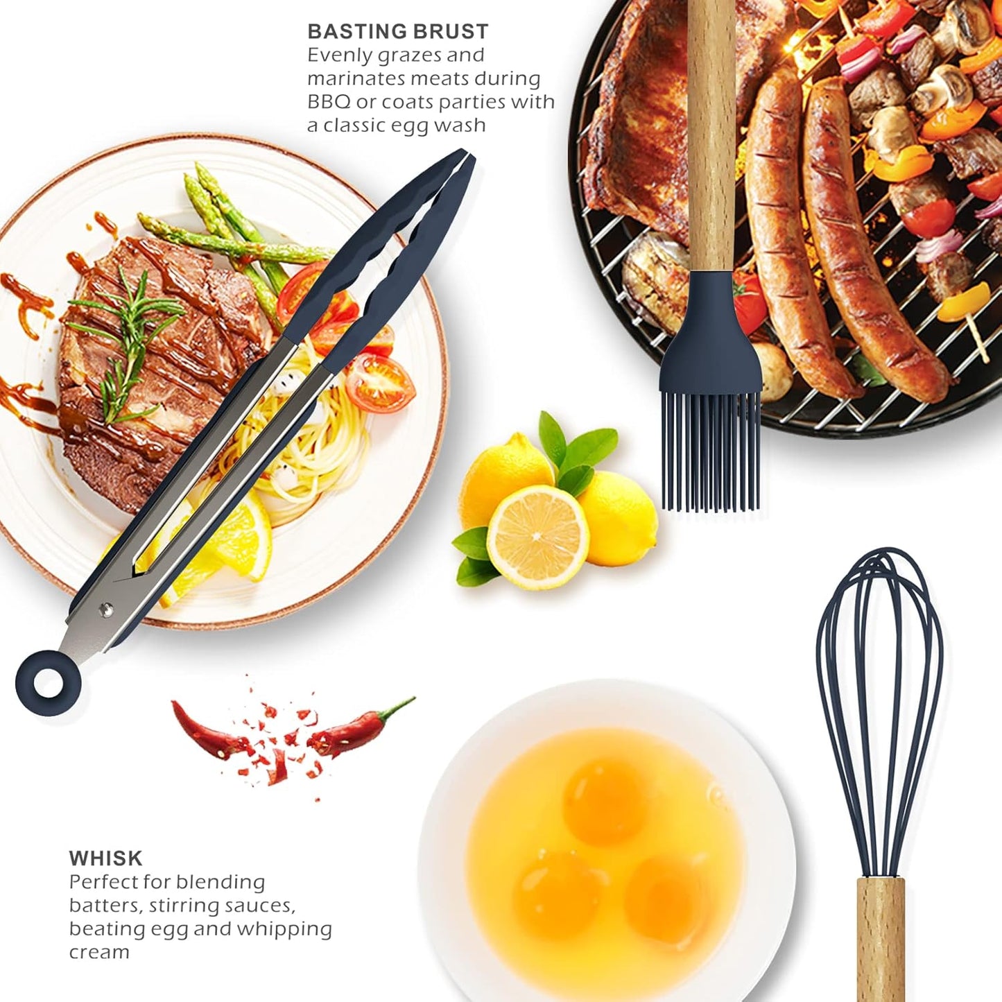 oannao Silicone Cooking Utensils Set - 446°F Heat Resistant Silicone Kitchen Utensils for Cooking,Kitchen Utensil Spatula Set w Wooden Handles, BPA FREE Gadgets for Non-Stick Cookware (Khaki)