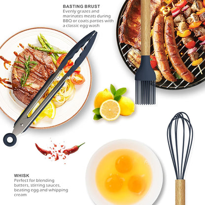 oannao Silicone Cooking Utensils Set - 446°F Heat Resistant Silicone Kitchen Utensils for Cooking,Kitchen Utensil Spatula Set w Wooden Handles, BPA FREE Gadgets for Non-Stick Cookware (Khaki)