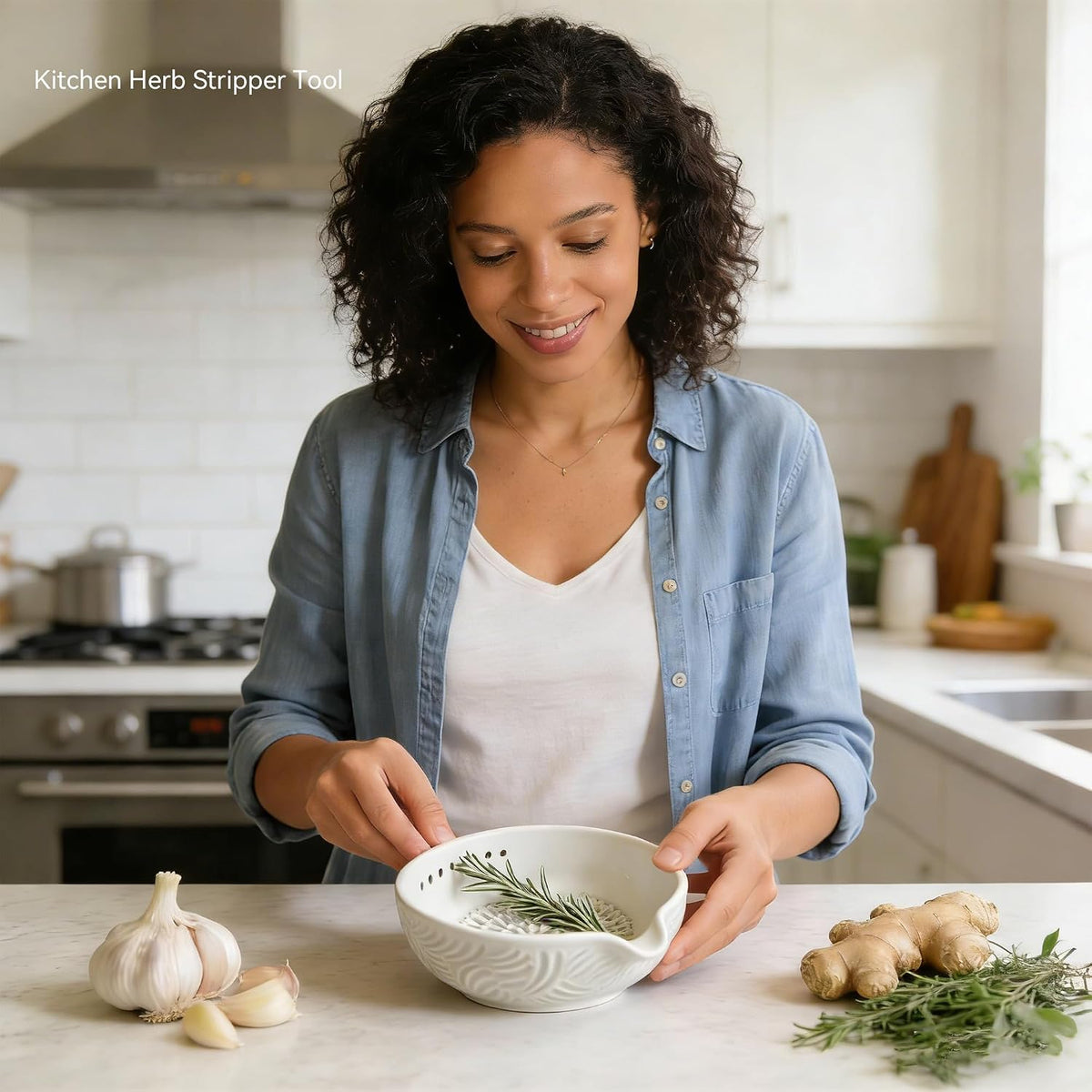 Ceramic Herb Stripper and Garlic Ginger Grater Bowl, 3-in-1 Kitchen Tool