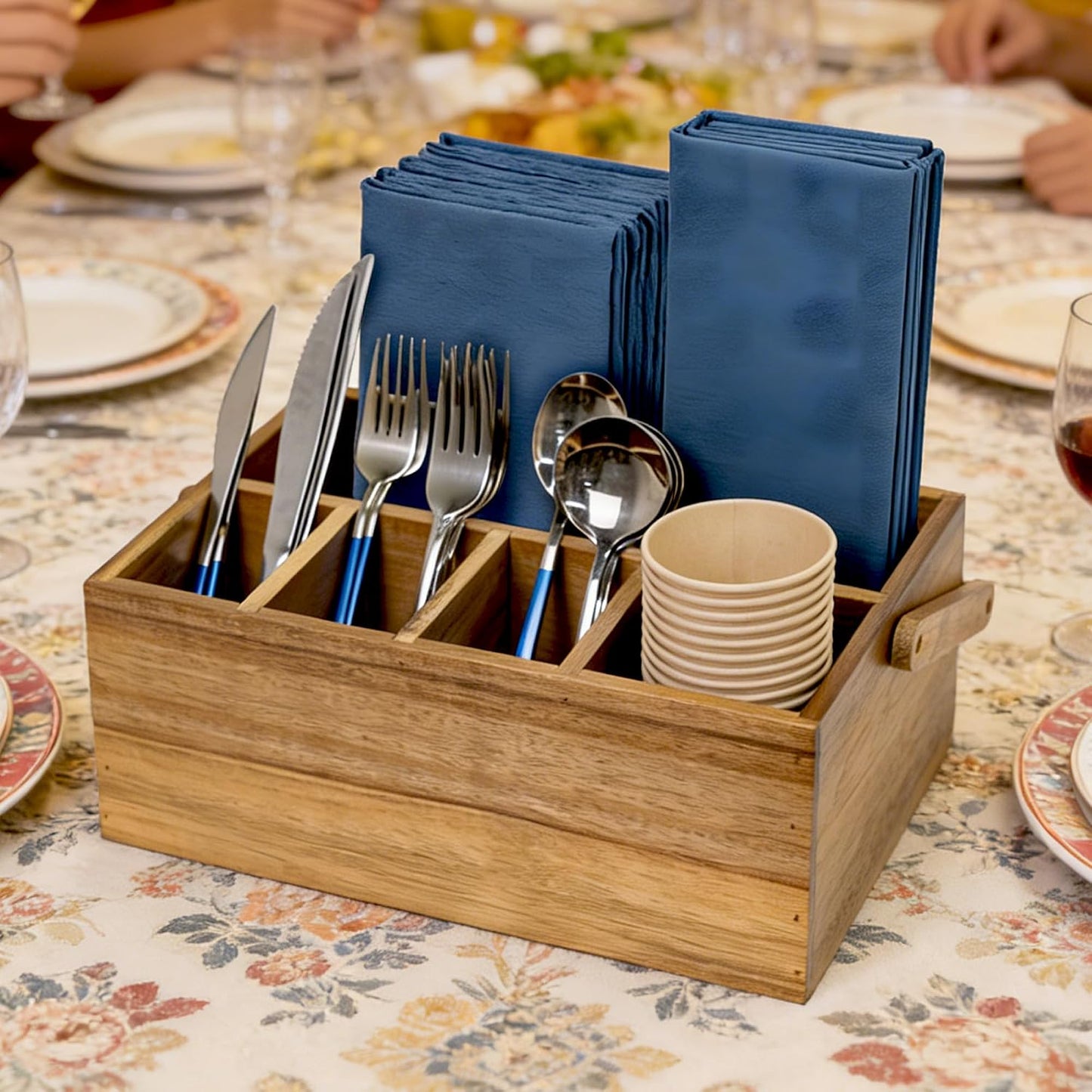 VaeFae Acacia Silverware Caddy with Handle, Wooden Utensil Holder, Mulip-pose Organizer for Kitchen, Office, Bathroom, Bedroom