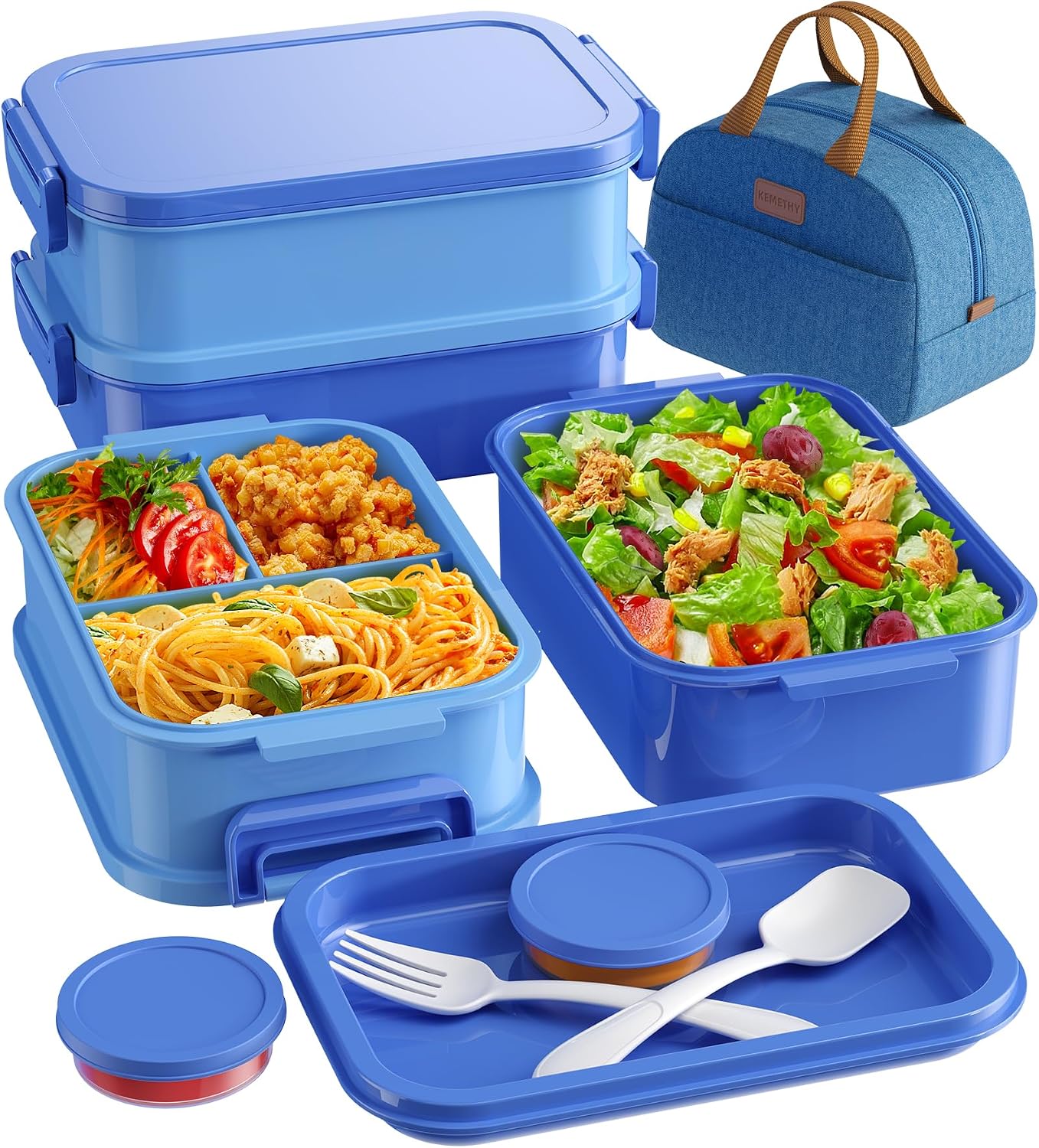 KEMETHY Adults Bento Lunch Box Set with Thermo Bag, 74oz Stackable Leak-proof 3-tiers Bento Box, Built-in Utensil and Sauce Container for Work, School, Dining Out (Gray)