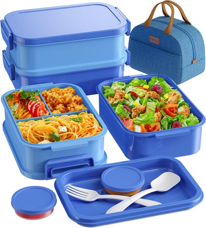 KEMETHY Adults Bento Lunch Box Set with Thermo Bag, 74oz Stackable Leak-proof 3-tiers Bento Box, Built-in Utensil and Sauce Container for Work, School, Dining Out (Gray)
