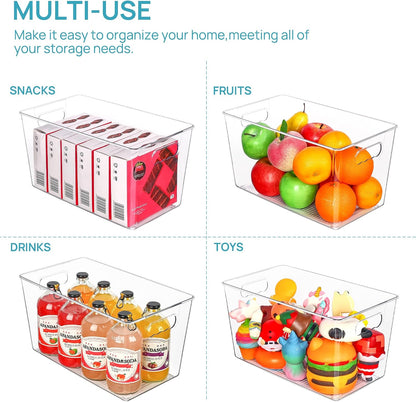 Vtopmart Clear Plastic Storage Bins, 6 PCS Pantry Organizer Bins with Handle for Refrigerator, Fridge, Cabinet, Kitchen, Countertops, Cupboard, Freezer Organization and Storage, Large