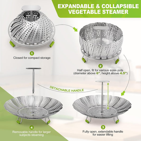 Pavsrmy Steamer Basket, 3rd Generation Stainless Steel Vegetable Steamer with Extendable Handle for Cooking Food, Folding & Expandable Veggie Steam Insert, Fit Various Size Instant Pot (5.5" to 9")