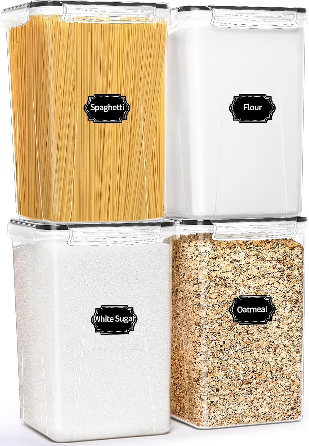 HKJ Chef 4 Pack Large Airtight Food Storage Containers with Lids (5.2L / 176oz), BPA Free Plastic Kitchen and Pantry Organization Contianers for Cereal Flour and Sugar Storage, Labels & Marker