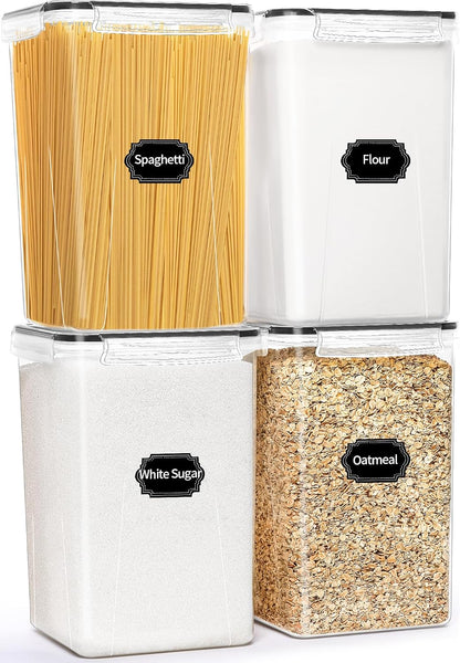HKJ Chef 4 Pack Large Airtight Food Storage Containers with Lids (5.2L / 176oz), BPA Free Plastic Kitchen and Pantry Organization Contianers for Cereal Flour and Sugar Storage, Labels & Marker