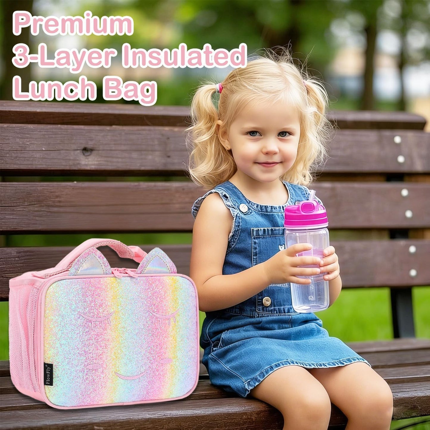 FlowFly Kids Lunch box Insulated Soft Bag Mini Cooler Back to School Thermal Meal Tote Kit for Girls, Boys, Black