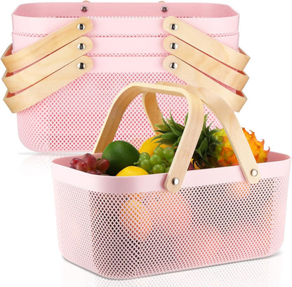 Sadnyy 4 Pcs Plastic Mesh Garden Harvest Basket Storage Basket with Wooden Handle Multi Functional Mesh Bin for Kitchen Cabinet Picnic Fruit Vegetable Gathering Organizer(Large,White)