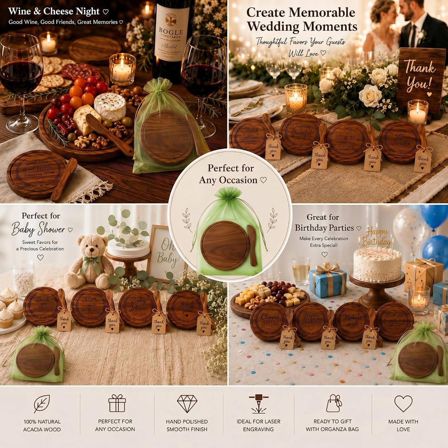 Nuenen 50 Pcs Mini Wooden Charcuterie Board Bulk, Small Wood Cutting Board for Crafts Laser Engraving with Knives Organza Bags Wedding Baby Shower Favors Gift (Square,Bamboo Color)