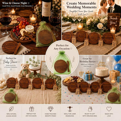 Nuenen 50 Pcs Mini Wooden Charcuterie Board Bulk, Small Wood Cutting Board for Crafts Laser Engraving with Knives Organza Bags Wedding Baby Shower Favors Gift (Square,Bamboo Color)
