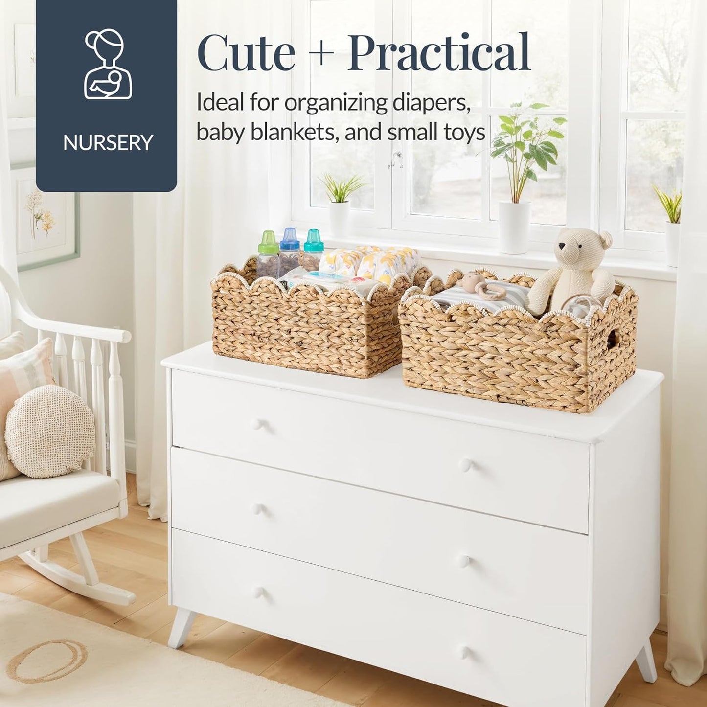 Best Choice Products 9x12 Scalloped Shelf Baskets, Woven Storage Bins, Storage Organizers for Pantry, Living Room, Bedroom, Nursery & Laundry, 4 Pack - Natural with White Trim