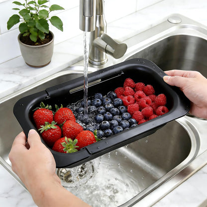 Extendable Colander Strainer Basket, Over the Sink Colander and Strainer for Kitchen, Wash Vegetables and Fruits, Drain Pasta and Dry Dishes, Adjustable Colander from 13.5In to 18.7In, Gray