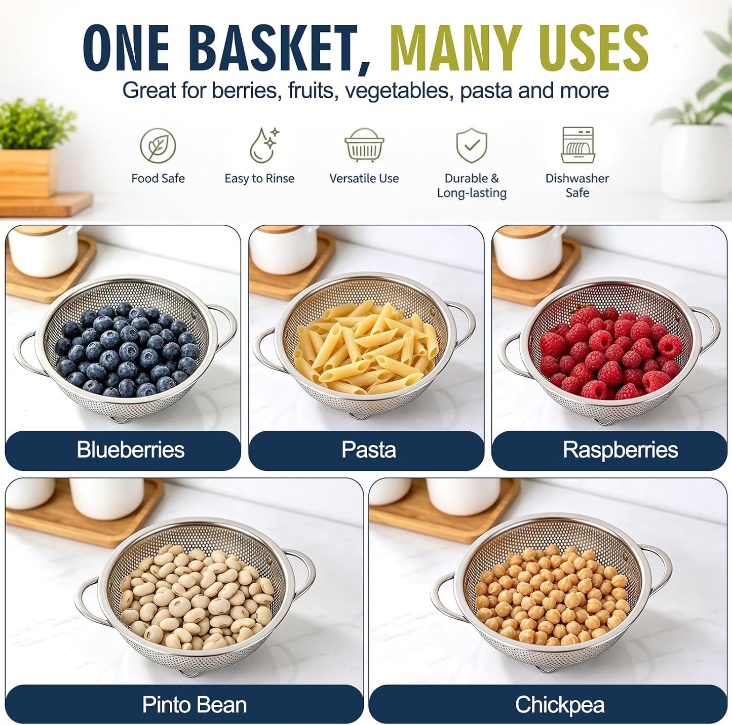 Palksky Stainless Steel Colander Set with Self-Draining Base, 3 Sizes Colanders & Food Strainers for Pasta, Rice, Fruits & Veggies, Metal Colander with Draining Plate for Sink or Countertop
